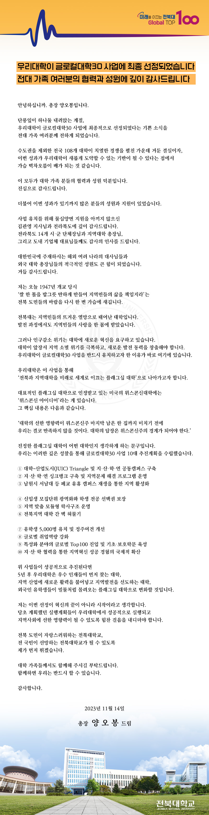 
Global TOP
미래를 이끄는 전북대 100
우리대학이 글로컬대학30 사업에 최종 선정되었습니다 전대가족 여러분의 협력과 성원에 깊이 감사드립니다
안녕하십니까. 총장 양오봉입니다.
단풍잎이 하나둘 내려앉는 계절,
우리대학이 글로컬대학30 사업에 최종적으로 선정되었다는 기쁜 소식을 전대 가족 여러분께 전하게 되었습니다.
수도권을 제외한 전국 108개 대학이 치열한 경쟁을 펼친 가운데 거둔 결실이자, 이번 성과가 우리대학이 새롭게 도약할 수 있는 기반이 될 수 있다는 점에서
가슴 벅차오름이 배가 되는 것 같습니다.
이 모두가 대학 가족 분들의 협력과 성원 덕분입니다.
진심으로 감사드립니다.
더불어 이번 성과가 있기까지 많은 분들의 성원과 지원이 있었습니다.
사업 유치를 위해 물심양면 지원을 아끼지 않으신 김관영 지사님과 전라북도에 깊이 감사드립니다.
전라북도 14개 시·군 단체장님과 지역대학 총장님,
그리고 도내 기업체 대표님들께도 감사의 인사를 드립니다.
대한민국에 주재하시는 해외 여러 나라의 대사님들과
외국 대학 총장님들의 적극적인 성원도 큰 힘이 되었습니다.
거듭 감사드립니다.
저는 오늘 1947년 개교 당시
‘쌀 한 톨을 밥그릇 만하게 만들어 지역민들의 삶을 책임지라'는 전북 도민들의 바람을 다시 한 번 가슴에 새깁니다.
•전북대는 지역민들의 뜨거운 열망으로 태어난 대학입니
발전 과정에서도 지역민들의 사랑을 한 몸에 받았습니다.
그러나 인구감소 위기는 대학에 새로운 혁신을 요구하고 있습니다.
대학이 앞장서 지역 소멸 위기를 극복하고, 새로운 발전 동력을 창출해야 합니다. 우리대학이 글로컬대학30 사업을 반드시 유치하고자 한 이유가 바로 여기에 있습니다.
우리대학은 이 사업을 통해
'전북과 지역대학을 미래로 세계로 이끄는 플래그십 대학'으로 나아가고자 합니다.
대표적인 플래그십 대학으로 인정받고 있는 미국의 위스콘신대학에는
'위스콘신 아이디어'라는 게 있습니다.
그 핵심 내용은 다음과 같습니다.
'대학의 선한 영향력이 위스콘신주 마지막 남은 한 집까지 미치기 전에
우리는 결코 만족하지 않을 것이다. 대학의 담장은 위스콘신주의 경계가 되어야 한다.'
진정한 플래그십 대학이 어떤 대학인지 생각하게 하는 문구입니다.
우리는 이러한 깊은 성찰을 통해 글로컬대학30 사업 10대 추진계획을 수립했습니다.
1 대학-산업도시(JUIC) Triangle 및 지·산·학·연 공동캠퍼스 구축
2 지·산·학·연 싱크탱크 구축 및 지역문제 해결 프로그램 운영
3 남원시 서남대 등 폐교 유휴 캠퍼스 재생을 통한 지역 활성화
1 신입생 모집단위 광역화와 학생 전공 선택권 보장
5 지역 맞춤 모듈형 학사구조 운영
6 전북지역 대학 간 벽 허물기
7 유학생 5,000명 유치 및 정주여건 개선
8 글로벌 취업역량 강화
9 특성화 분야의 글로벌 Top100 진입 및 기초·보호학문육성
10 지·산·학 협력을 통한 지역혁신 성공 경험의 국제적 확산
위 사업들이 성공적으로 추진된다면
5년 후 우리대학은 우수 인재들이 먼저 찾는 대학,
지역 산업에 새로운 활력을 불어넣고 지역발전을 선도하는 대학,
외국인 유학생들이 밀물처럼 몰려오는 플래그십 대학으로 변화할 것입니다.
저는 이번 선정이 혁신의 끝이 아니라 시작이라고 생각합니다.
당초 계획했던 실행계획들이 우리대학에서 성공적으로 실행되고
지역사회에 선한 영향력이 될 수 있도록 힘찬 걸음을 내디뎌야 합니다.
전북 도민이 자랑스러워하는 전북대학교,
전 국민이 선망하는 전북대학교가 될 수 있도록
제가 먼저 뛰겠습니다.
대학 가족들께서도 함께해 주시길 부탁드립니다.
함께하면 우리는 반드시 할 수 있습니다.
감사합니다.
2023년 11월 14일
총장 양오봉 드림
전북대학교
JEONBUK NATIONAL UNIVERSITY