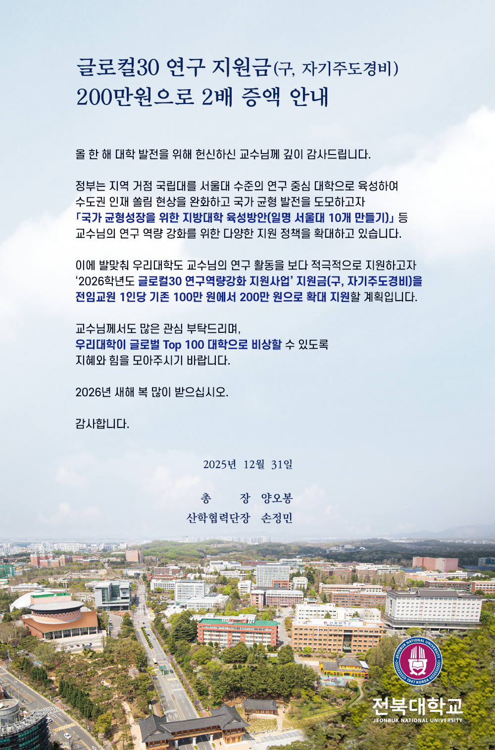 글로컬30 연구 지원금 2배 증액 안내

올 한 해 대학 발전을 위해 헌신하신 교수님께 깊이 감사드립니다.

정부는 지역 거점 국립대를 서울대 수준의 연구 중심 대학으로 육성하여
수도권 인재 쏠림 현상을 완화하고 국가 균형 발전을 도모하고자
「국가 균형성장을 위한 지방대학 육성방안(일명 서울대 10개 만들기)」 등
교수님의 연구 역량 강화를 위한 다양한 지원 정책을 확대하고 있습니다.

이에 발맞춰 우리대학도 교수님의 연구 활동을 보다 적극적으로 지원하고자
‘2026학년도 글로컬30 연구역량강화 지원사업’ 지원금을
전임교원 1인당 기존 100만 원에서 200만 원으로 확대 지원할 계획입니다.

교수님께서도 많은 관심 부탁드리며,
우리대학이 글로벌 Top 100 대학으로 비상할 수 있도록
지혜와 힘을 모아주시기 바랍니다.

2026년 새해 복 많이 받으십시오.

감사합니다.