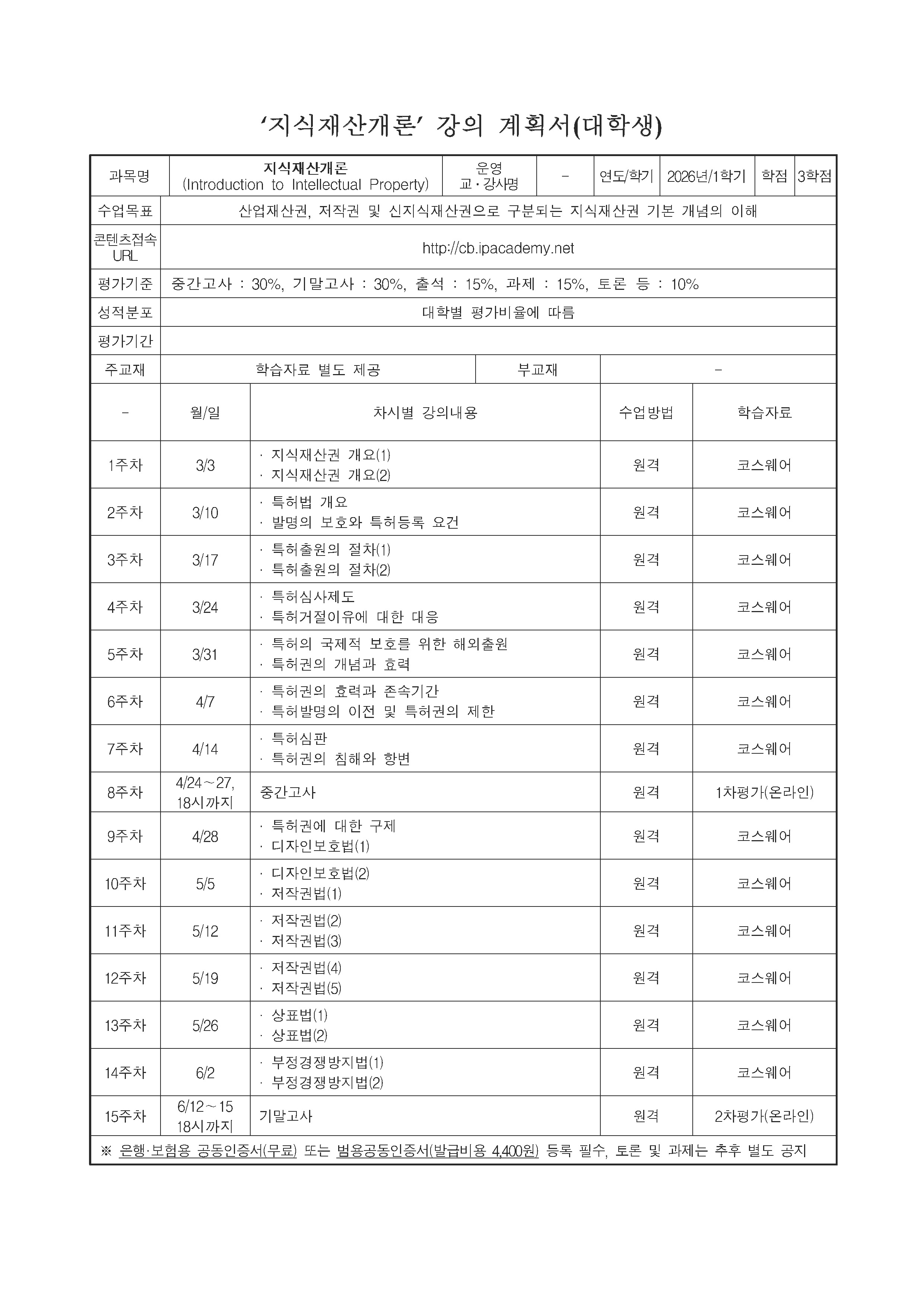 [강의계획서] 2026년도 제1학기 지식재산 학점교류(지식재산개론)